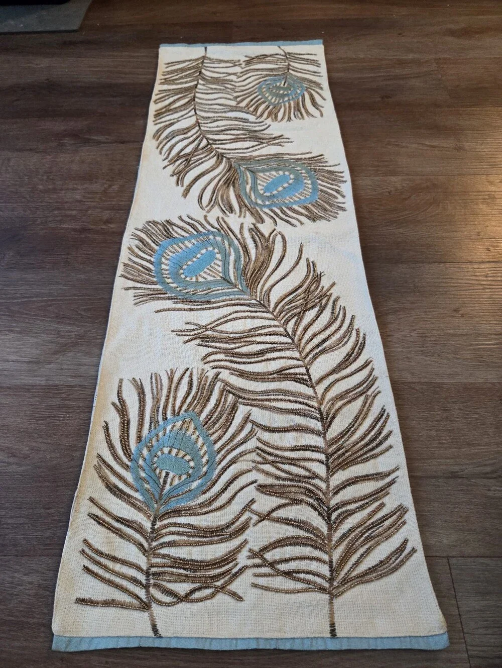 Pier 1 Imports Table Runner Beaded Peacock Feather Biege/Cream with Blue